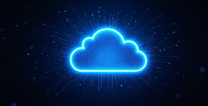 Glowing cloud icon filled with binary code, digital graphic style, on a deep blue abstract background. Concept of cloud computing and data technology. Ai generative - Powered by Adobe