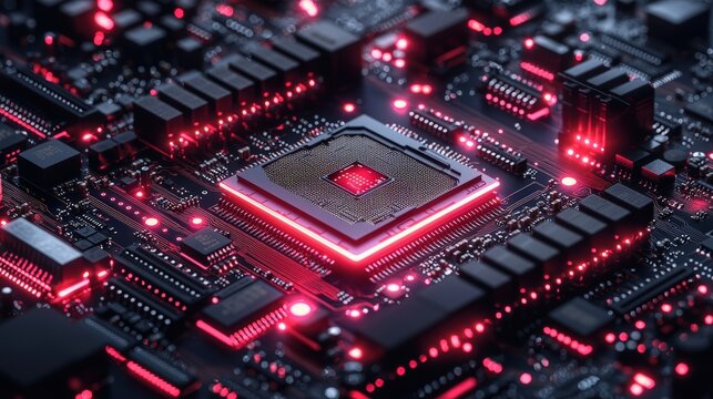 Close-Up of a Red-Lit Circuit Board with Microprocessor and Electronic Components in Focus