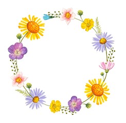 Fototapeta premium Wreath with meadow flowers. Watercolor illustration