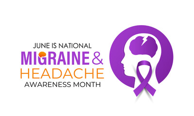 Vector illustration on the theme of National Migraine and headache awareness month in June. Symptoms can include severe throbbing pain, nausea, light sound sensitivity, and aura. Banner and background