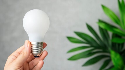Hand Holding LED Light Bulb with Green Plant in Background