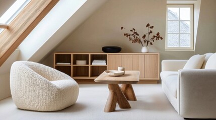 Compact attic living room, japandi and contemporary design, boucle cocoon chair, cream soft sofa, minimal wood coffee table, open wall built