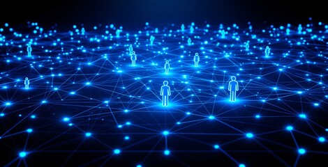 Digital glowing human icons linked by luminous blue lines across a futuristic background, visualizing a creative concept of communication and data flow. Ai generative