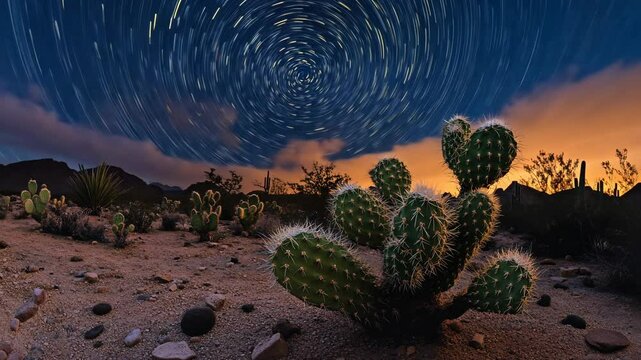 Starry night sky over cacti in desert with vibrant colors during sunset