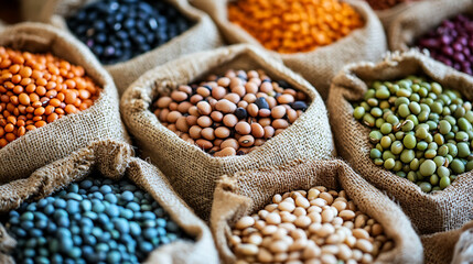 Fototapeta premium vibrant display of various legumes burlap sacks, showcasing rich assortment of colors and textures. These legumes can sometimes interfere with digestion and nutrition, making them unique food