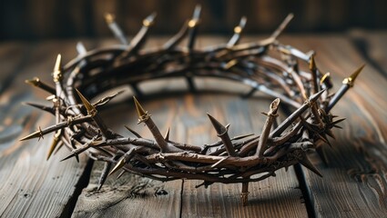 Fototapeta premium An authentic crown of thorns on a wooden background. Easter Theme