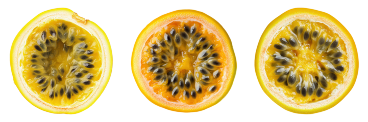 Three Granadilla Halves Revealing Abundant Seeds.