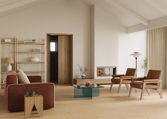 Bright, inviting living room with high ceilings, soft lighting, and comfy furniture, 3d rendering
