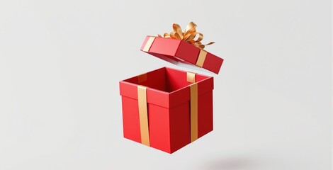 Open red gift box with golden ribbon and floating lid, creative festive concept on light background symbolizing surprise, joy, and celebration. Ai generative