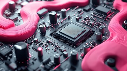 Vibrant Close-Up of Circuit Board Design with Pink Elements and High-Tech Components