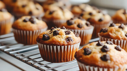 Freshly baked muffins cooling on wire rack, showcasing golden brown top sprinkled with chocolate chips. warm, inviting aroma fills air, making them irresistible