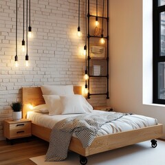 loft kids room, wood bed frame, pipe shelf, bulb string lights, brick wall, soft warm lighting, compact creative space