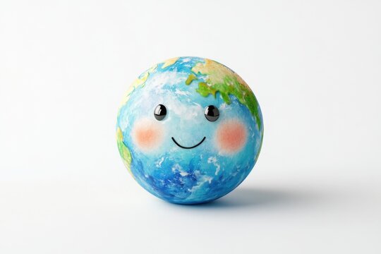A happy cartoon Earth globe with a smiling face, symbolizing environmental care and global unity.
