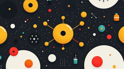 Fototapeta premium Colorful Abstract Geometric Pattern with Circles and Shapes on Dark Background