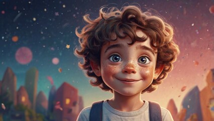 Fototapeta premium Young boy with curly hair smiles against a colorful night sky with stars and soft lights in a vibrant village background
