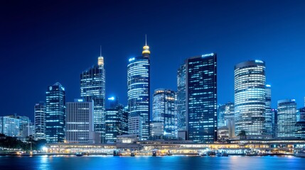 Obraz premium Urban Cityscape at Night with Modern Skyscrapers and Bright Lights