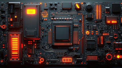 Fototapeta premium Futuristic High-Tech Circuit Board with Glowing Orange Elements Over Dark Background