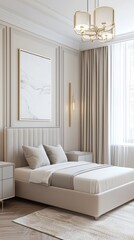 Neoclassic Modern kids room, pastel furniture, soft rug, upholstered bed, framed panel, warm neutral tones