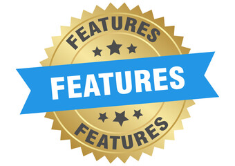 features. features round blue and gold label isolated on transparent background