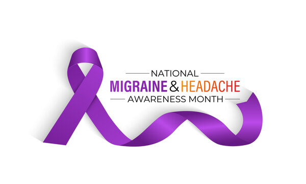 Vector illustration on the theme of National Migraine and headache awareness month in June. Symptoms can include severe throbbing pain, nausea, light sound sensitivity, and aura. Banner and background