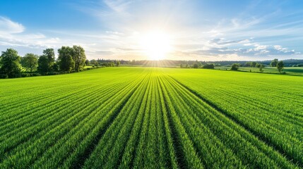 Vast Green Agricultural Field Under Bright Blue Sky and Shining Sun During Clear Day