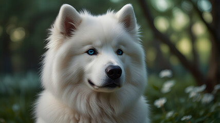 Majestic White Dog Striking Blue Eyes Serene Forest Setting