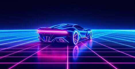 Sleek neon sports car on a glowing grid background, futuristic cyberpunk style with vibrant pink and blue lighting, concept of retro-futurism. Ai generative
