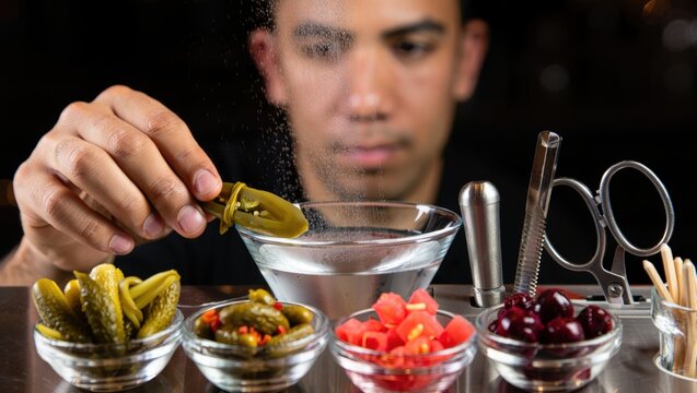 Pickle Cocktail Garnish Bar. Assorted Brined Accents for Drinks