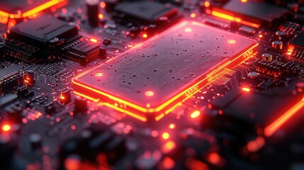 Futuristic Circuit Board with Glowing Red Highlights in a Dark Background