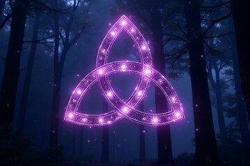  Glowing Triskele symbol mystical floating against dark forest background [with copy space
