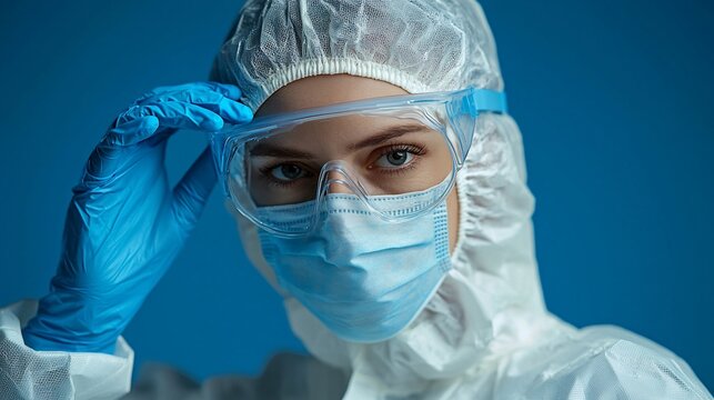 Scientist adjusting goggles, lab, blue background, research