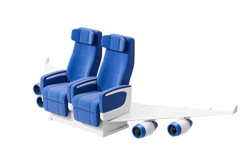 Creative airplane seats merged with aircraft wing and engines. 3D Rendering