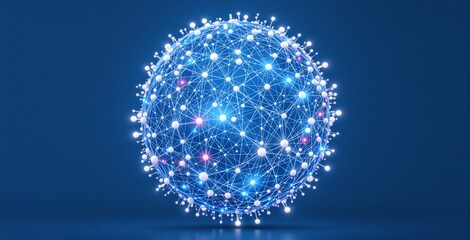 Glowing sphere of connected white nodes and lines forming a digital network structure in creative abstract style on a blue background. Ai generative