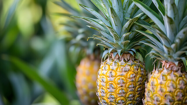 Fresh pineapples in lush green environment, showcasing their vibrant yellow color and spiky texture, evoke sense of tropical paradise and natural beauty