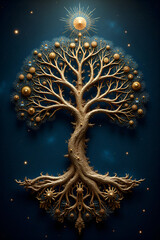 Golden Tree of Life in mystical style gold and blue representing spirituality [with copy space]