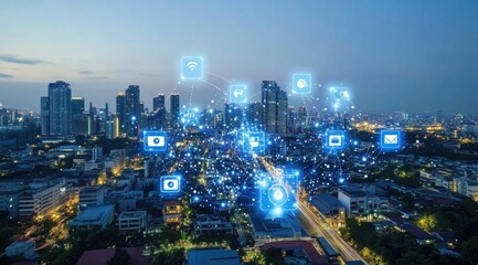 Smart city at night with digital network overlay.