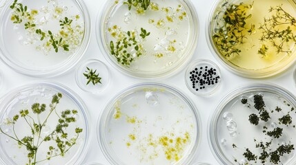 Petri Dishes with Plant Samples and Liquid
