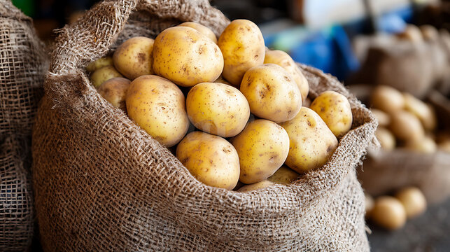 burlap sack filled with fresh, golden potatoes showcases their earthy texture and natural beauty, perfect for culinary uses or market displays