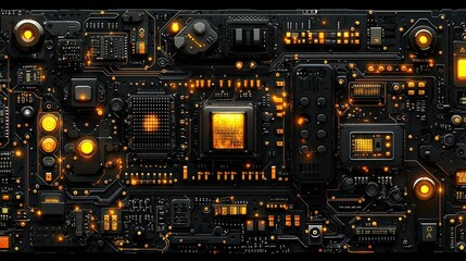 Fototapeta premium Futuristic Technology Circuit Board with Glowing Elements and Dark Background Design