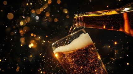 Beer poured into a glass. Sparkling background