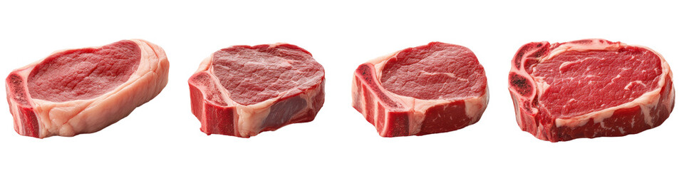 Obraz premium Various cuts of red meat arranged in a row, showcasing marbling and texture.