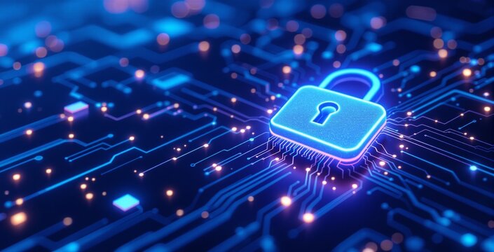 Glowing padlock icon integrated into a digital circuit board, futuristic creative style, blue cyber background, concept of cybersecurity and data protection, Ai generative