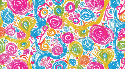 Abstract seamless floral pattern with colorful roses, geometric shapes, and swirling circles in a vintage, retro design