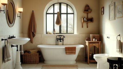 Rustic bathroom interior with arched window
