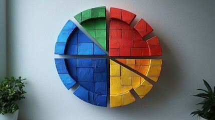 Fototapeta premium Colorful abstract geometric design on a wall with green, blue, yellow, and red segments
