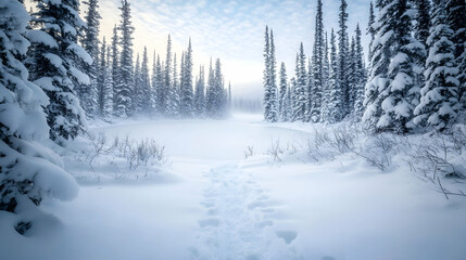 Obraz premium A serene winter landscape with snow-covered trees and a foggy atmosphere.