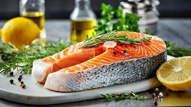 Raw salmon steak seasoned with rosemary, peppercorns, and lemon, ready for cooking, promoting healthy eating and gourmet cuisine.