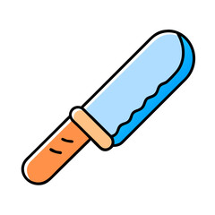 Blue serrated blade knife, orange handle, sharp, kitchen utensil