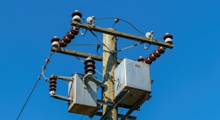 Power distribution pole with transformers and insulators against clear blue sky