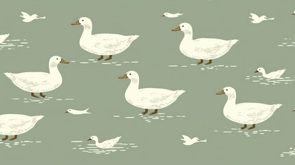 Fototapeta premium Playful Illustrations of White Ducks Swimming and Wandering on a Soft Green Background